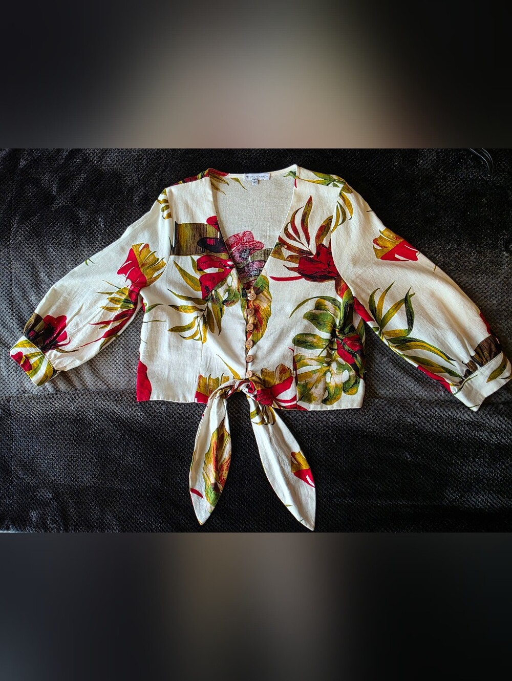 Floral Tie-Front V-Neck Blouse in Cream with Red & Green Print